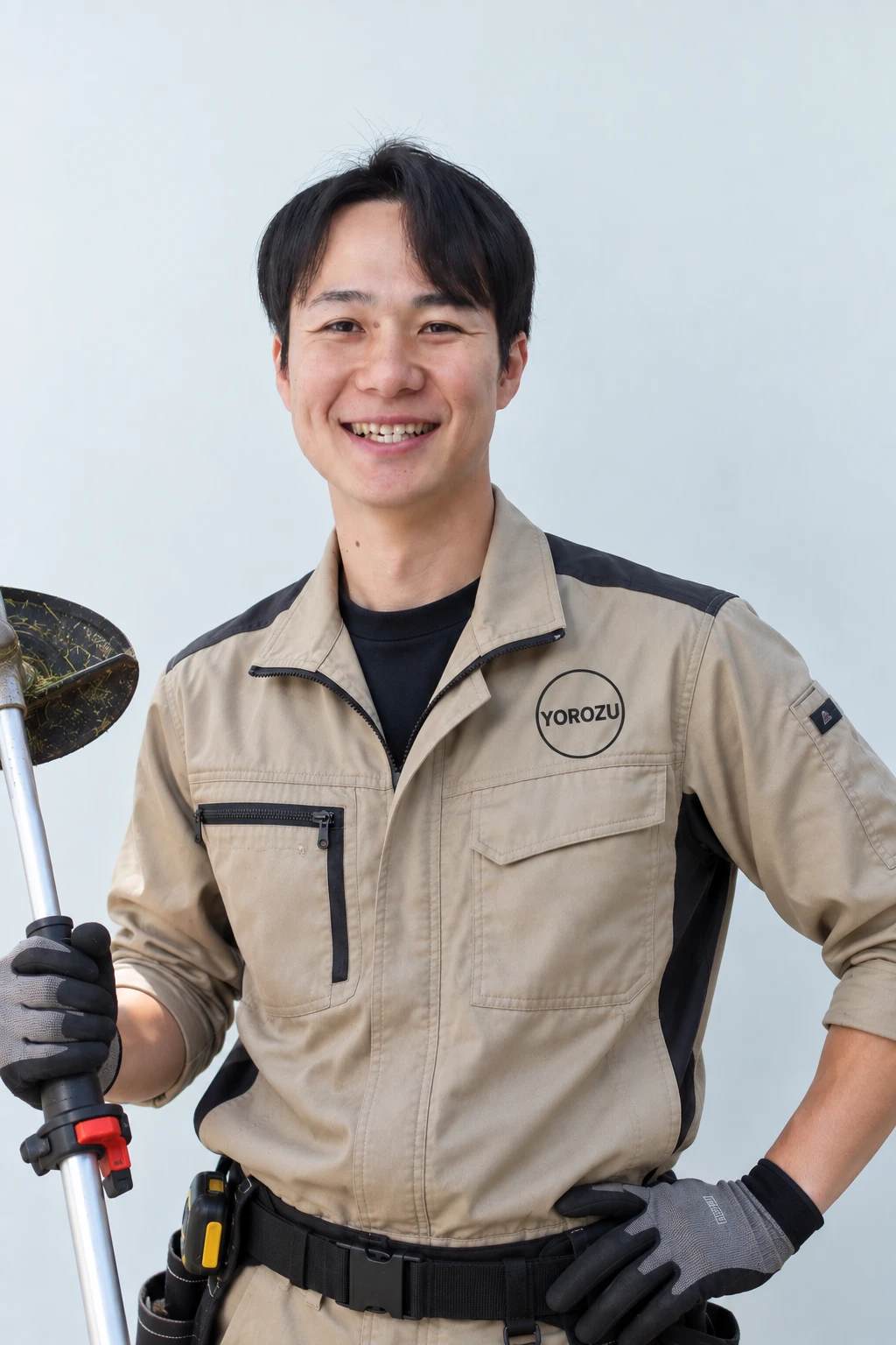 刈払機を持って笑顔で立つ、よろず担当の前村英樹